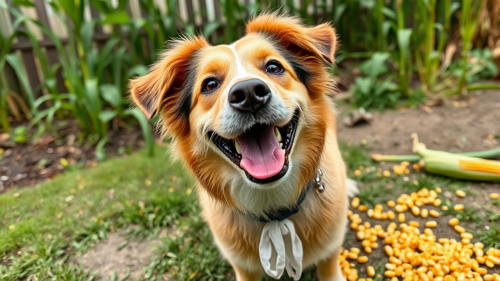 Happy dog looking at camera with scattered corn kernels nearby, outdoor garden setting, no text no words no letters