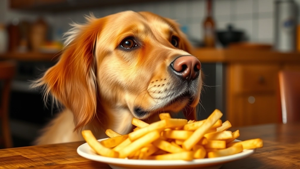 Golden retriever looking up at a plate of golden crispy french fries on a wooden table, dog's face close-up with eager expression, warm kitchen lighting