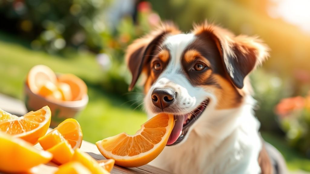Happy dog enjoying healthy fruit treat outdoors, orange pieces nearby, sunny garden setting, no text no words no letters