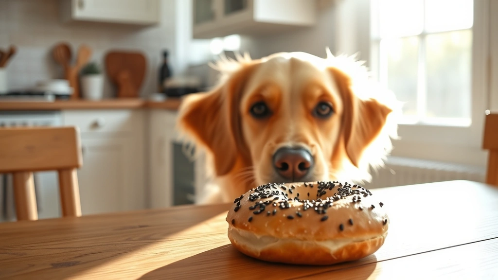 Golden retriever looking curiously at a bagel with poppy seeds on a wooden table, morning sunlight streaming through kitchen window