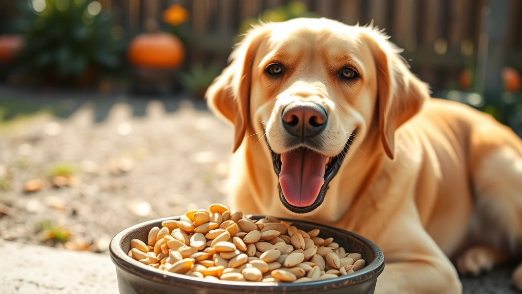 Cheerful golden Labrador happily eating pumpkin seeds from a bowl, bright natural lighting, outdoor garden setting