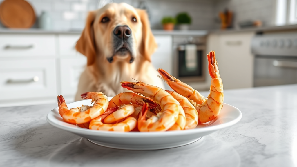Golden retriever sitting beside fresh cooked shrimp on white plate, kitchen background, natural lighting, no text no words no letters