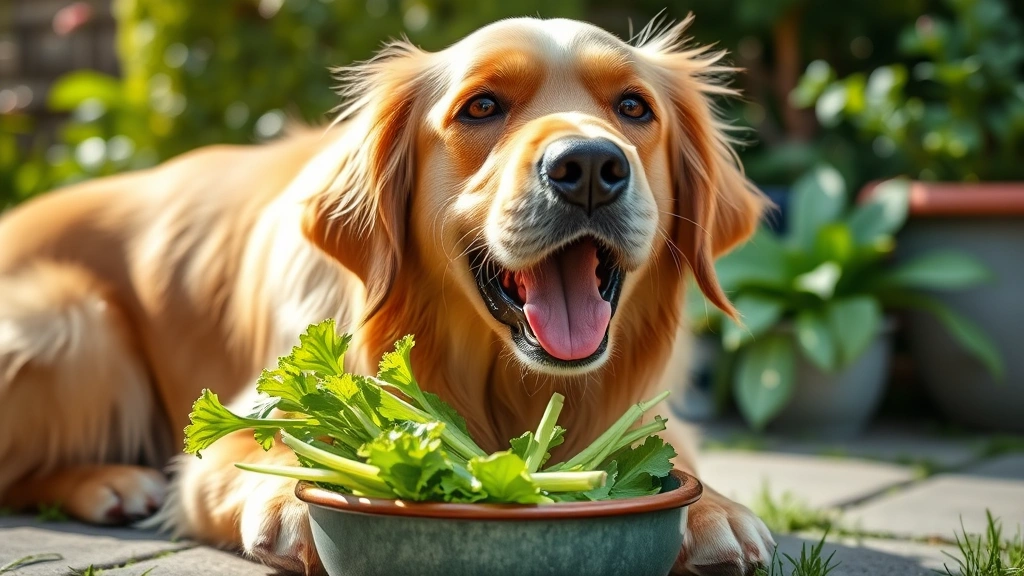 Golden retriever happily eating fresh green vegetables from a bowl, outdoor garden setting with natural sunlight