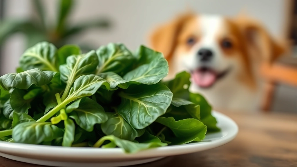 Close-up of fresh raw spinach leaves on a white plate with a happy dog in soft focus background