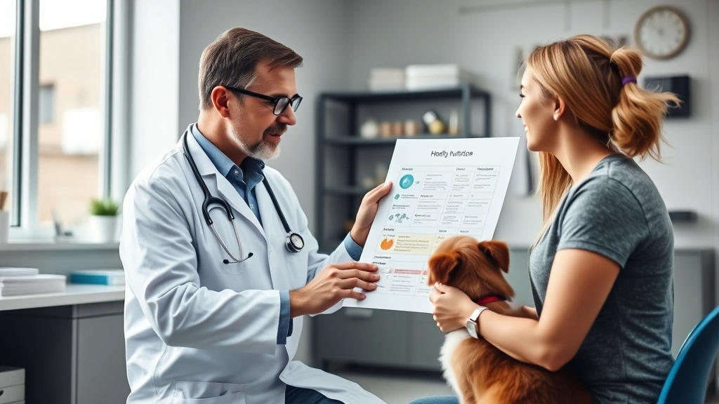 Dog veterinarian in white coat showing healthy nutrition chart to dog owner in modern veterinary clinic