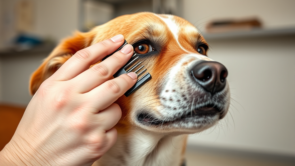 Close-up of person gently brushing dog fur with flea comb, warm lighting, veterinary care setting, no text no words no letters