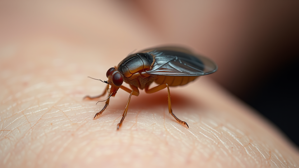 Detailed macro view of flea on human skin surface, scientific illustration style, medical photography, no text no words no letters