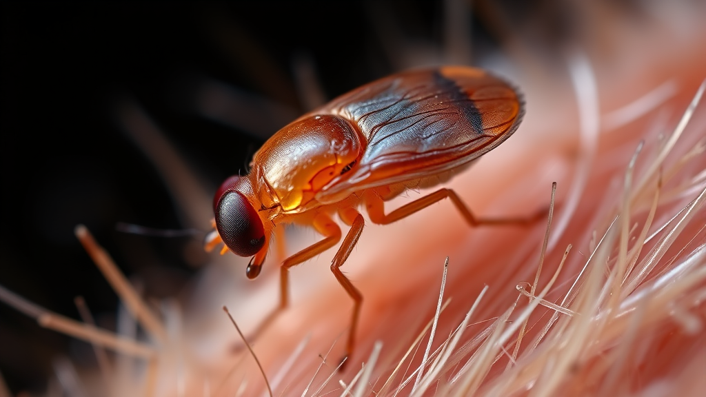 Close-up microscopic view of dog flea on fur strands, detailed parasite anatomy, no text no words no letters