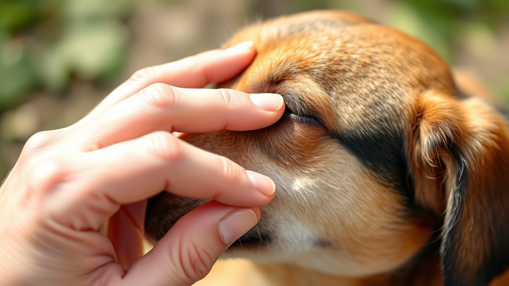 Human hand gently examining dog's fur for fleas, veterinary inspection, natural lighting, no text no words no letters