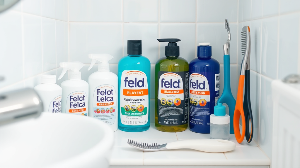 Clean bathroom with flea prevention products, shampoo bottles, grooming tools arranged neatly, no text no words no letters