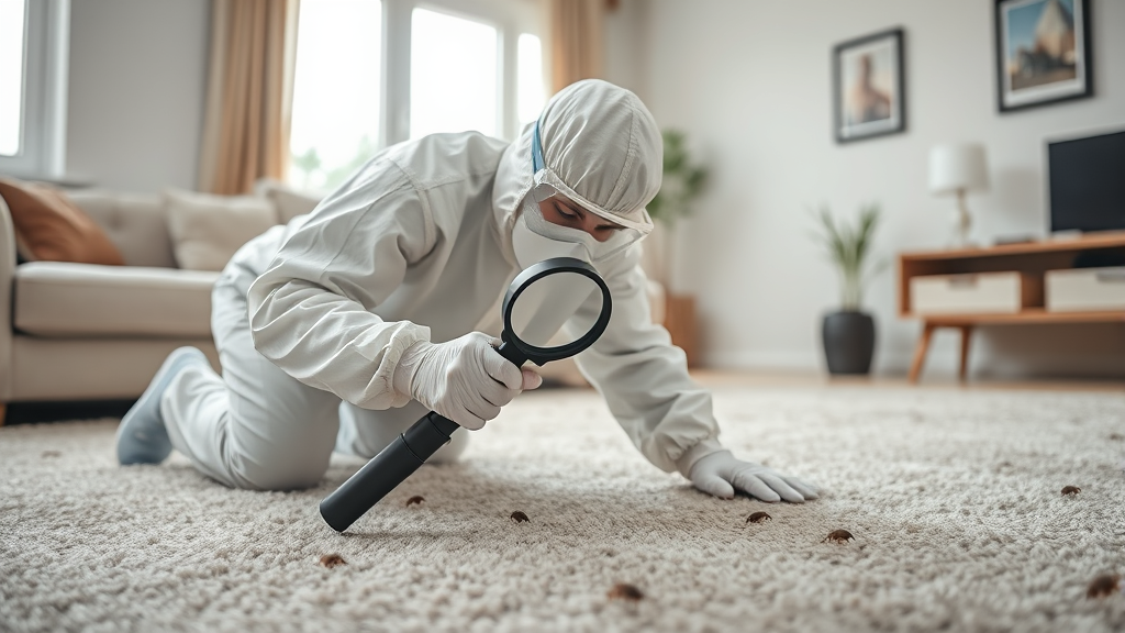 Person in protective clothing inspecting carpet for fleas with magnifying glass in bright living room, no text, no words, no letters
