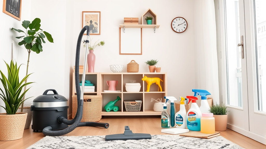 Clean organized home interior with vacuum cleaner and cleaning supplies for flea prevention, no text, no words, no letters