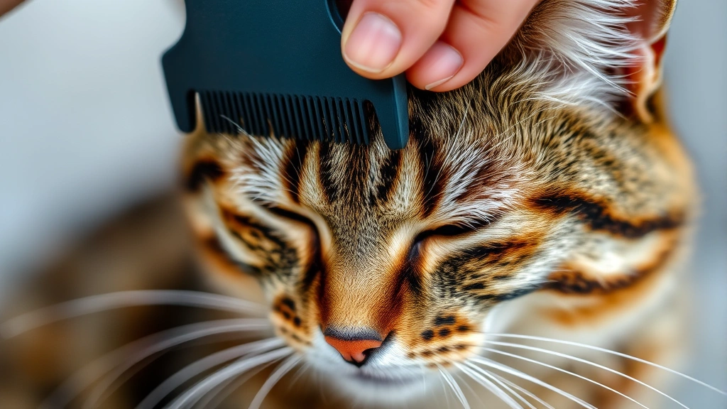 Macro photography of a tabby cat being gently groomed with a fine-toothed comb, cat sitting peacefully, showing detailed fur and grooming technique