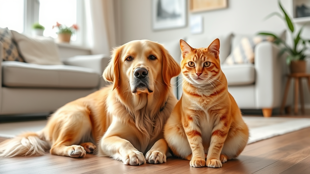 Golden retriever and orange tabby cat sitting peacefully together in bright living room, no text no words no letters