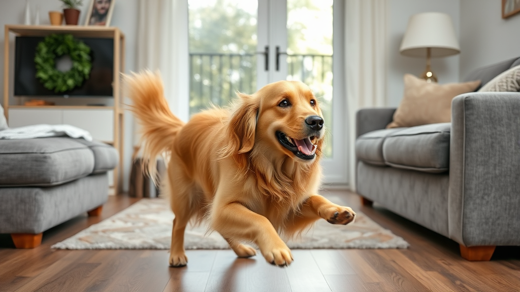 Golden retriever displaying repetitive spinning behavior in living room setting, no text no words no letters