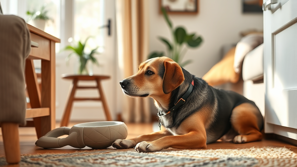 Dog showing social withdrawal avoiding human interaction in home environment, no text no words no letters