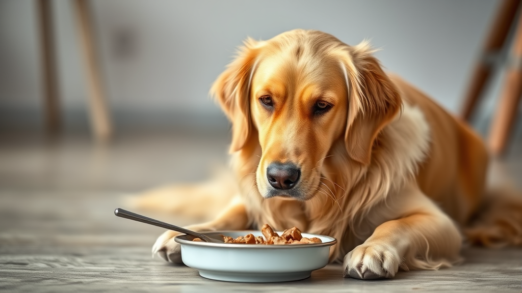 Golden retriever sitting peacefully after meal with slight head tilt, no text no words no letters