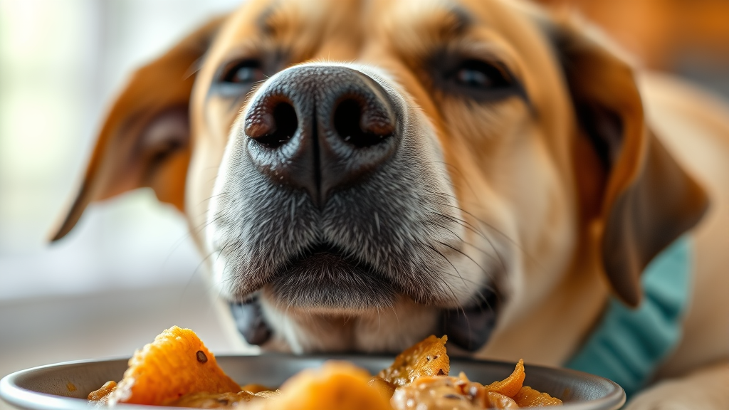 Close up of dog's face showing comfortable expression during mealtime, no text no words no letters