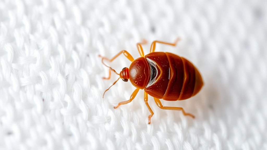 Close-up of a small reddish-brown bed bug on white fabric, magnified view showing detailed insect anatomy and body structure