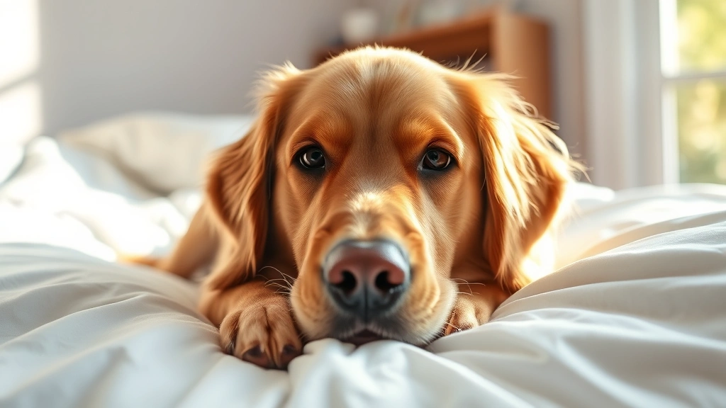 Close-up of a golden retriever lying on a white bed with natural sunlight streaming through a window, photorealistic style
