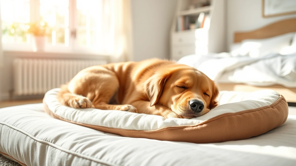 Golden retriever sleeping peacefully on a clean dog bed in a bright bedroom, sunlight streaming through windows