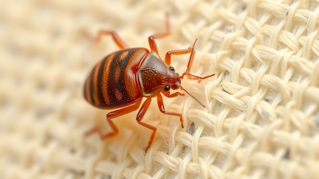 Detailed macro photography of a bed bug on cream-colored fabric texture, photorealistic scientific illustration style
