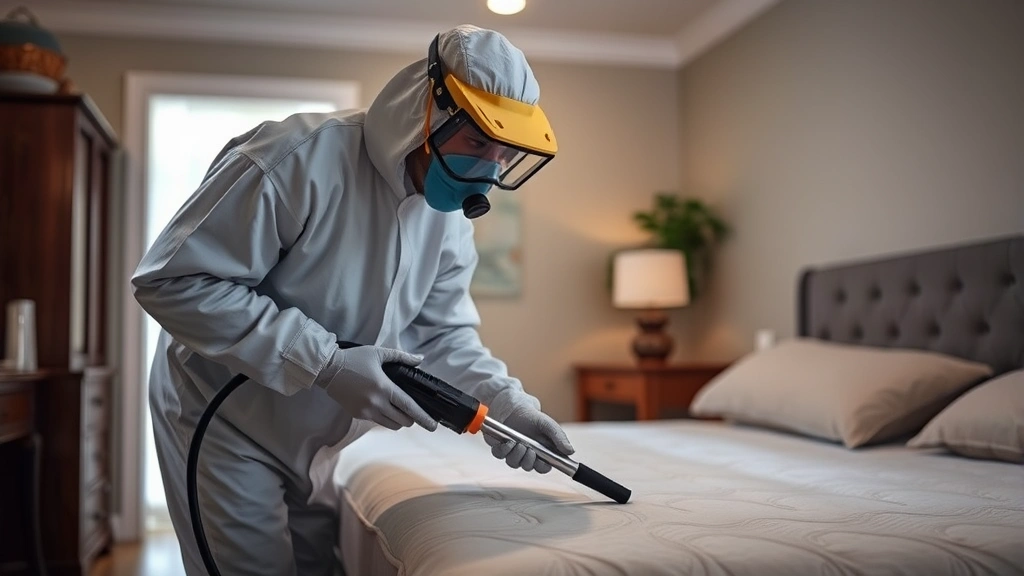 Professional pest control technician in protective gear using equipment to inspect a home interior for bed bugs, focusing on mattress seams and furniture
