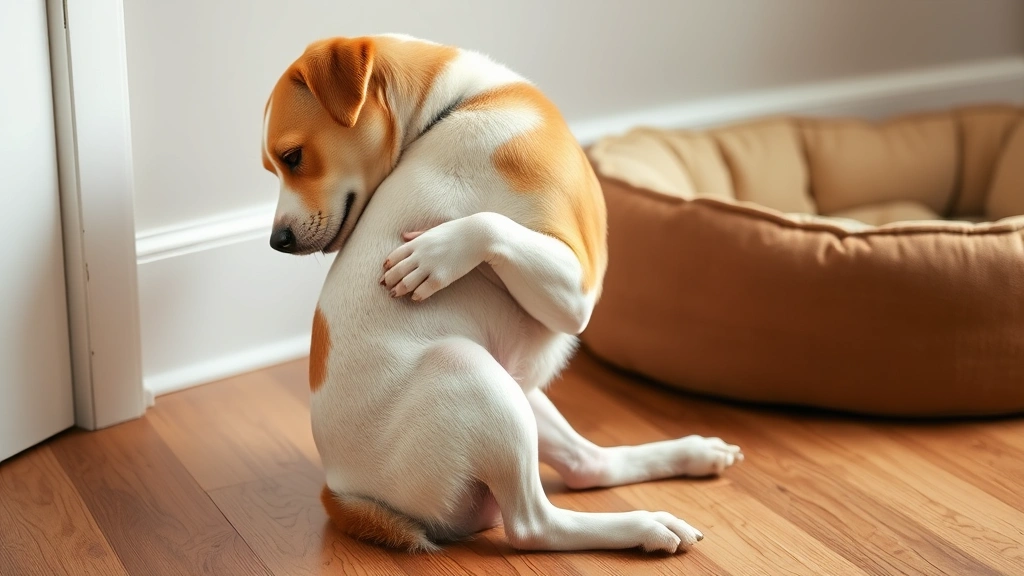 A dog scratching its side while sitting on hardwood flooring next to a dog bed, photorealistic candid moment