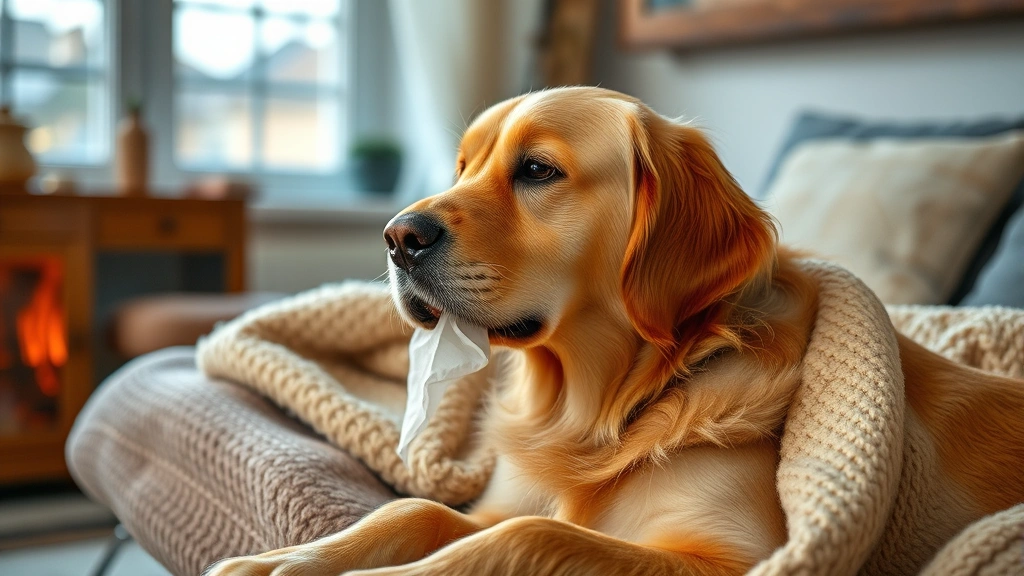 Golden retriever sneezing with tissues nearby, warm blanket, cozy home interior lighting