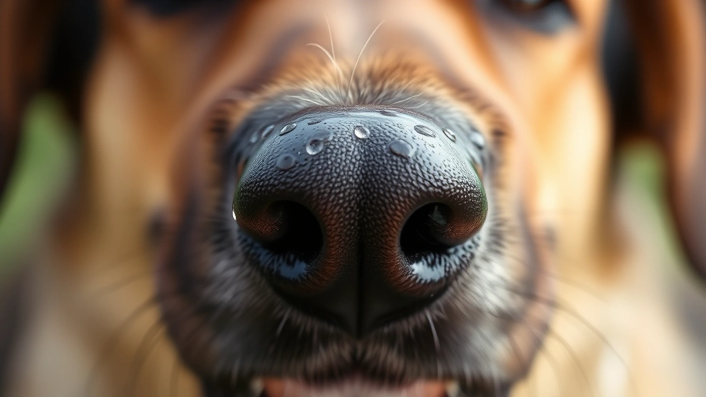 Close-up dog's nose with water droplets, soft focus background, natural lighting