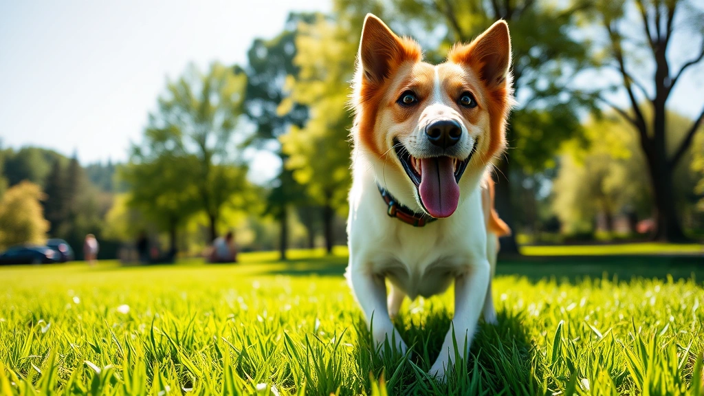 Happy healthy dog playing outdoors in sunny park, vibrant green grass, clear skies