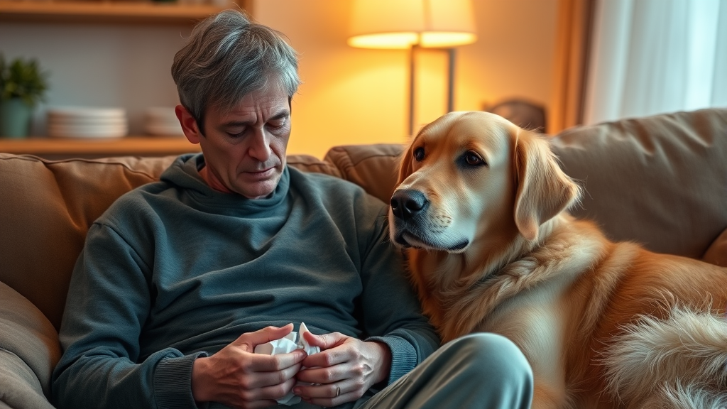 Sick person with tissues next to healthy golden retriever on couch, warm indoor lighting, no text no words no letters