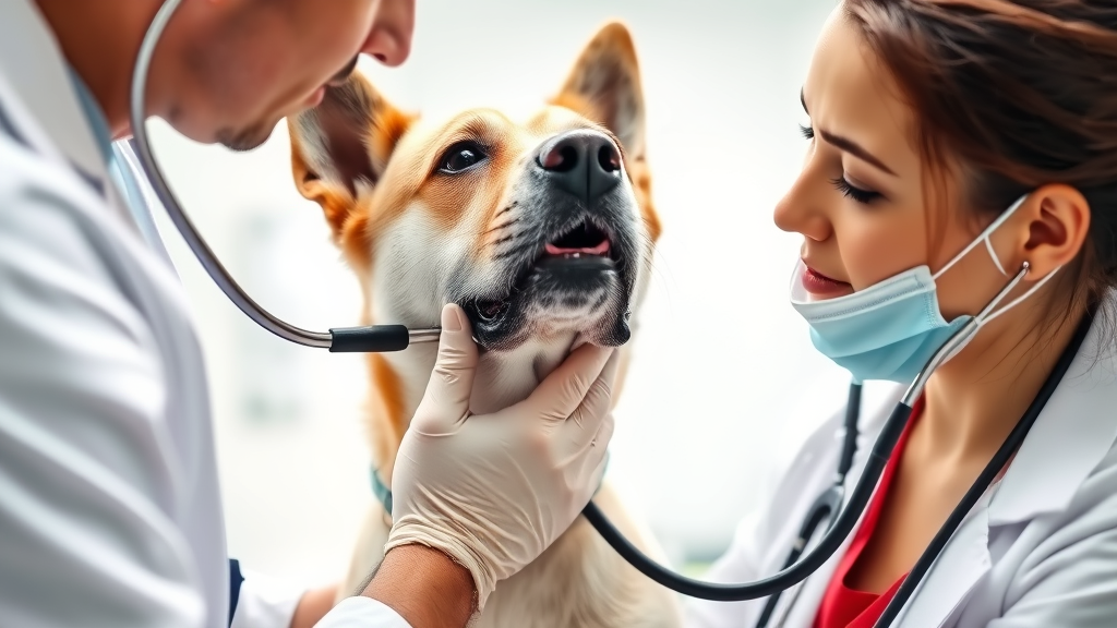 Veterinarian examining dog's throat and nose with stethoscope in bright clinic, no text no words no letters