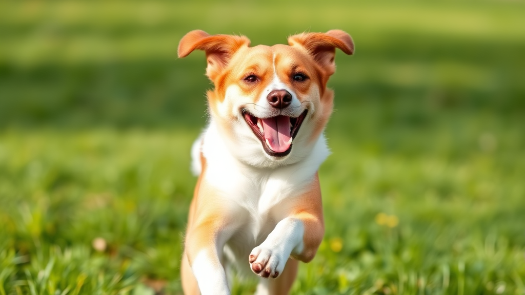 Happy healthy dog running outdoors in fresh air with green grass background, no text no words no letters