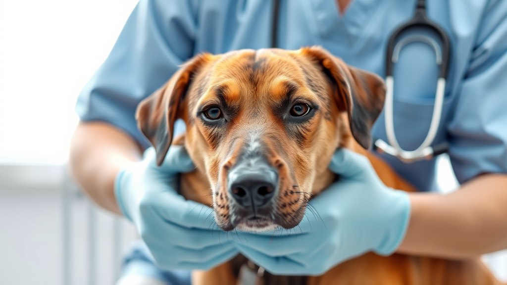 Dog receiving gentle care from veterinarian, medical examination room, stethoscope and medical equipment visible, no text no words no letters