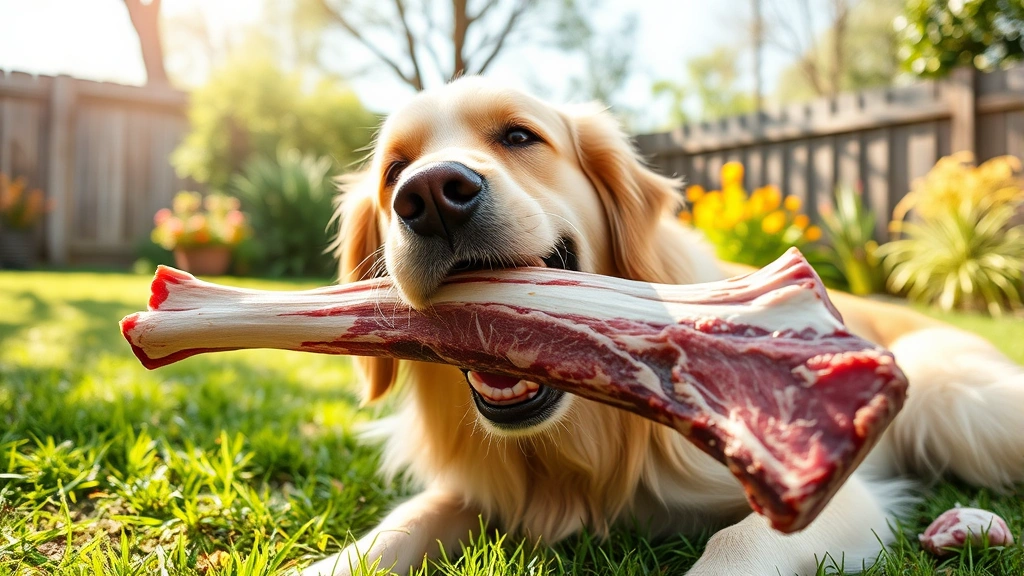 Golden retriever happily chewing on a large raw beef bone in a sunny backyard, showing natural canine chewing behavior and satisfaction