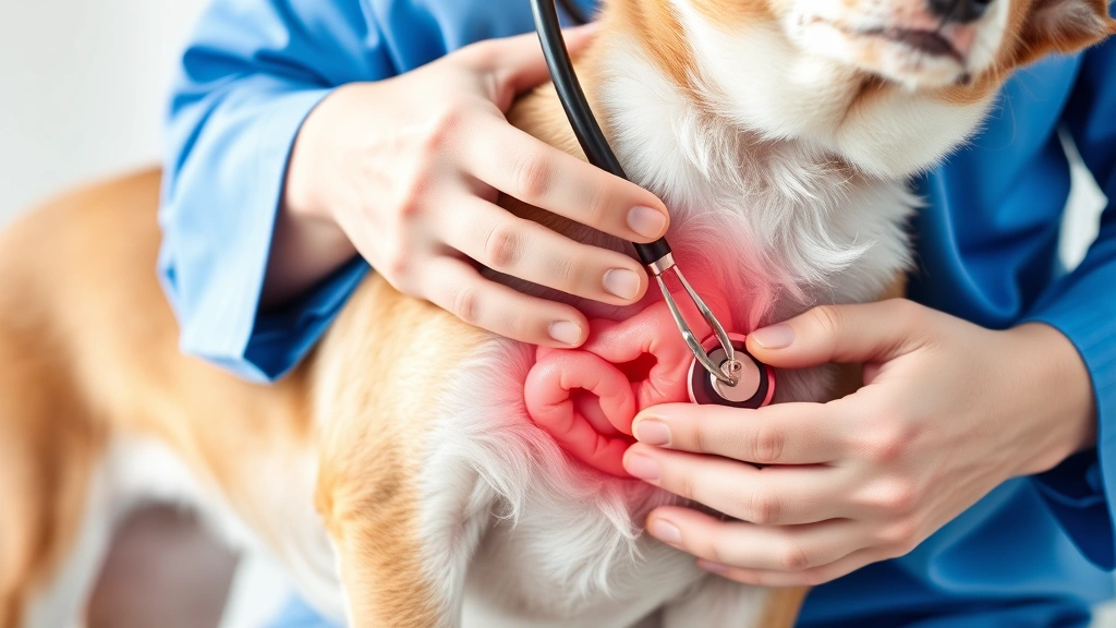 Close-up of veterinarian examining a dog's abdomen with stethoscope, demonstrating professional medical care and concern for digestive health