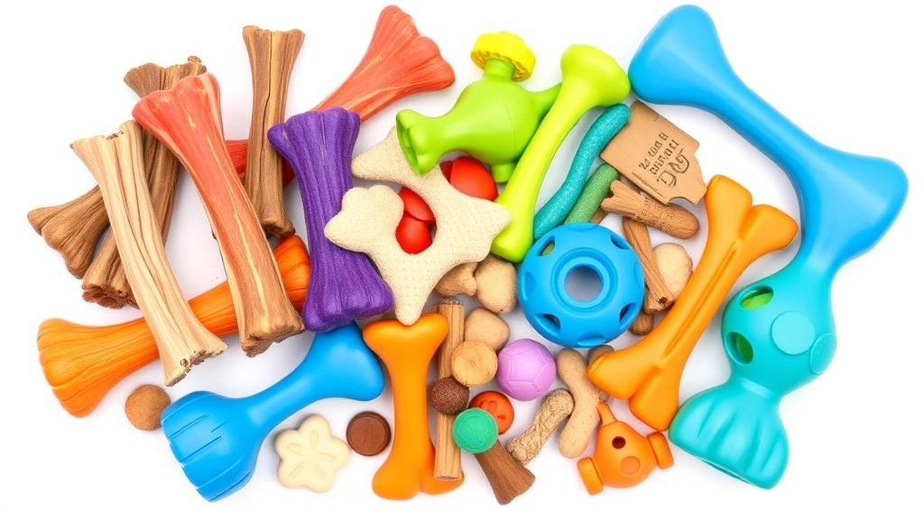 Colorful assortment of dog-safe chew toys and treats including bully sticks, dental chews, and puzzle toys arranged on a white background
