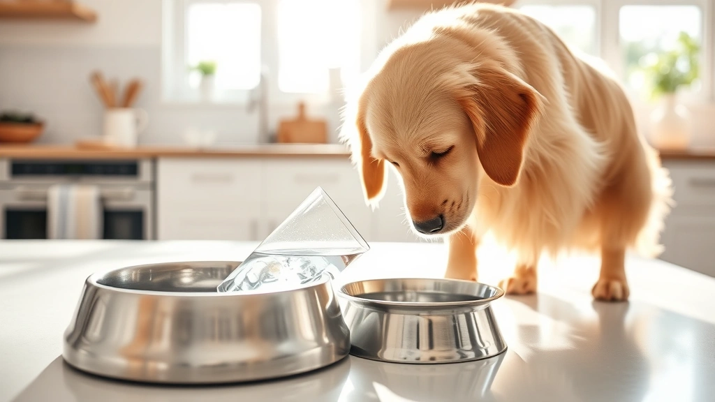 Golden retriever happily drinking fresh water from a stainless steel bowl in a bright, clean kitchen, sunlight streaming through windows