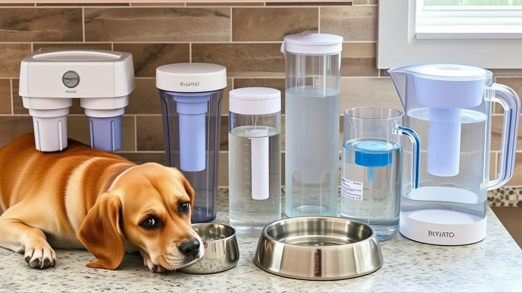 Various water filtration systems and pitchers arranged on a countertop next to a dog's water bowl, showing hydration options