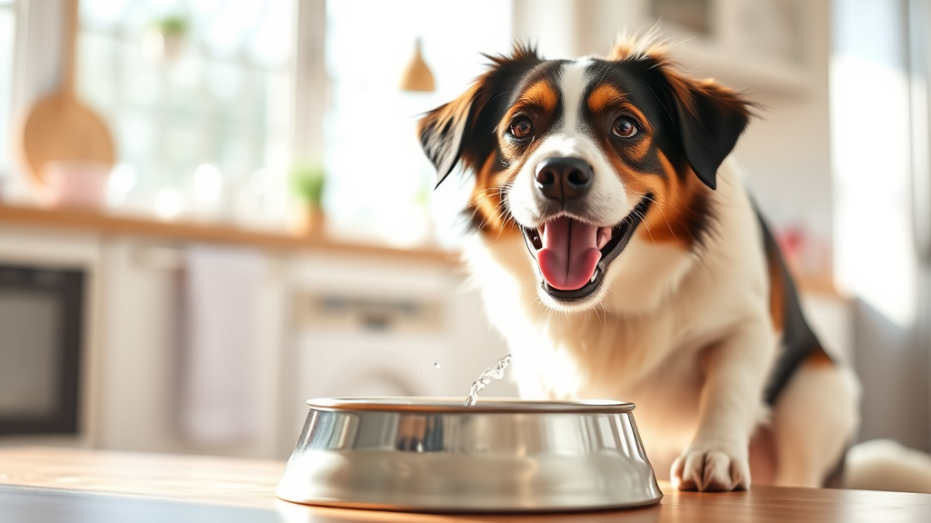 Happy dog drinking from water bowl in sunny kitchen setting, fresh and clean appearance, no text no words no letters