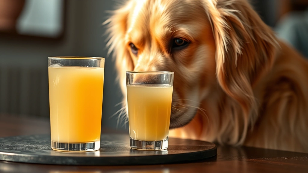 Golden retriever looking at a clear glass of apple juice on a table, curious expression, natural lighting, dog in foreground