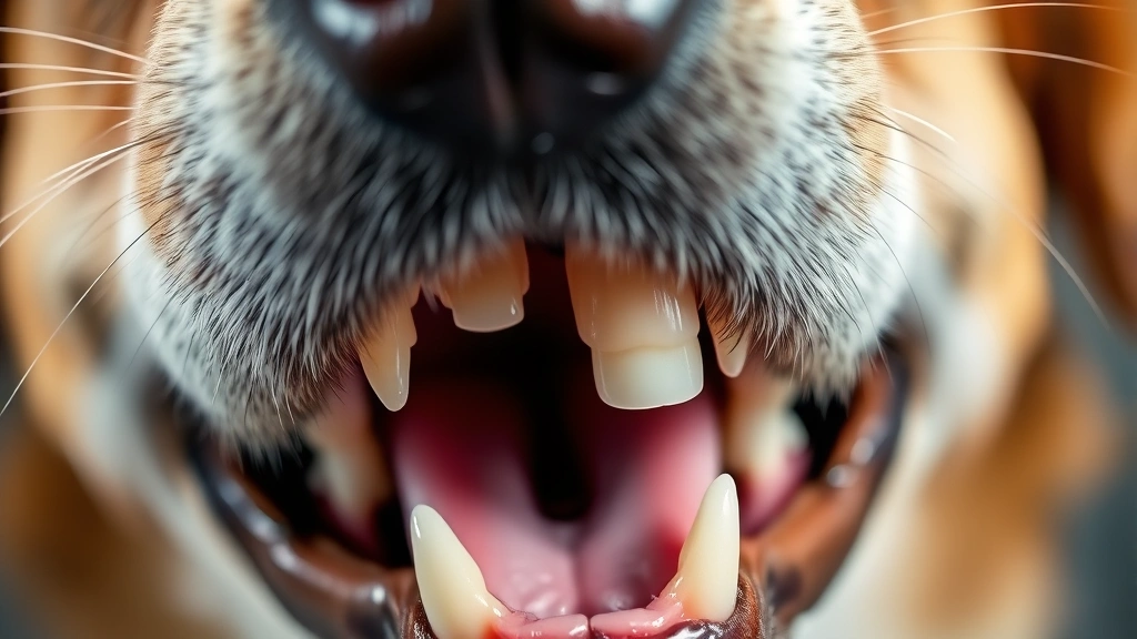Close-up of dog's mouth and teeth showing dental health, professional veterinary lighting, clear detailed view of healthy canine teeth