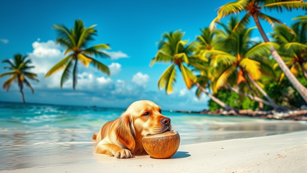 Golden retriever drinking from coconut shell on tropical beach, palm trees, crystal clear coconut water, natural lighting, no text no words no letters