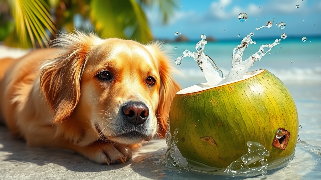Golden retriever looking curiously at fresh green coconut with clear water splashing, tropical beach background, no text no words no letters