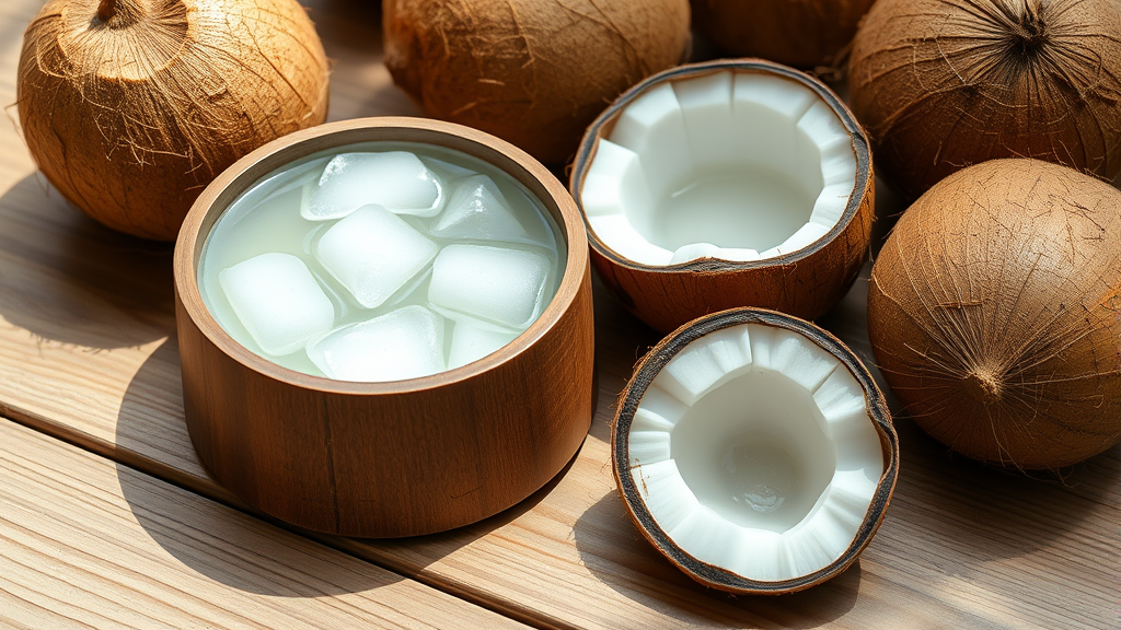 Small dog bowl filled with clear coconut water next to whole coconuts on wooden surface, natural lighting, no text no words no letters