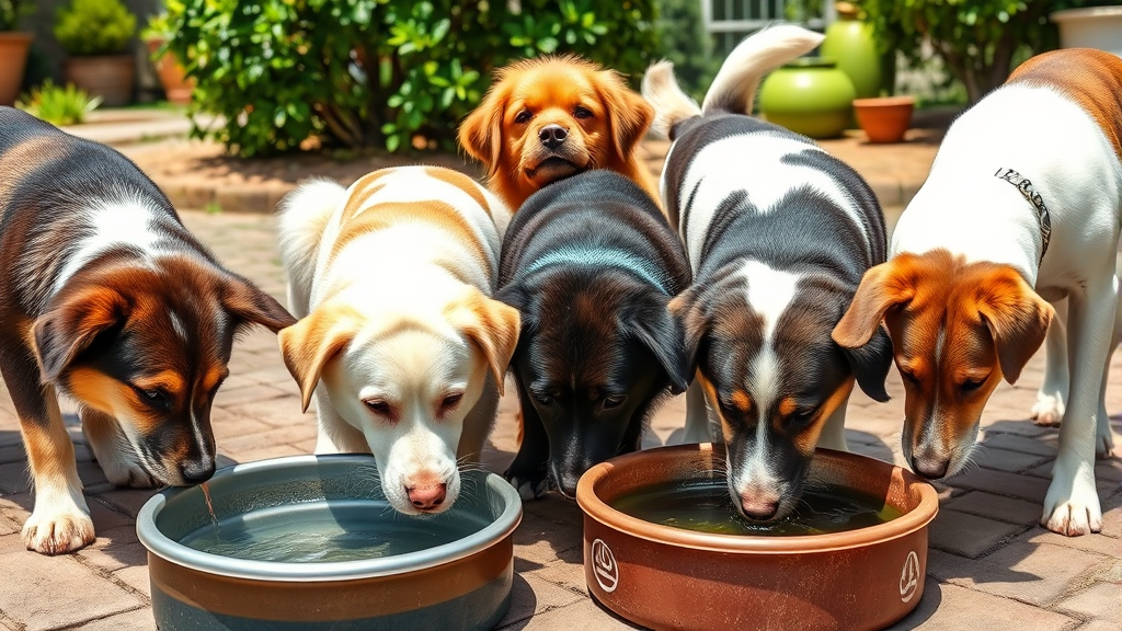 Happy healthy dogs of different breeds drinking from water bowls in sunny outdoor setting, no text no words no letters