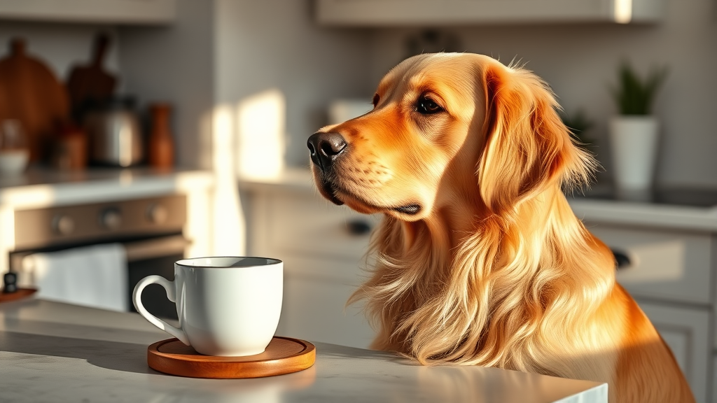 Golden retriever sitting next to coffee cup on kitchen counter, warm morning light, cozy home setting, no text no words no letters