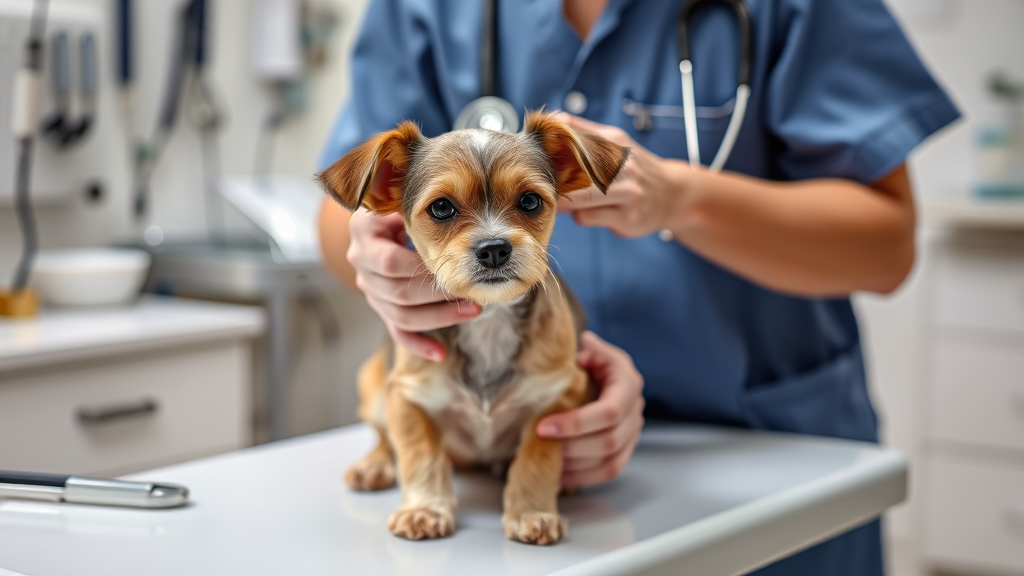 Veterinarian examining small dog on examination table, medical equipment visible, professional clinic environment, no text no words no letters