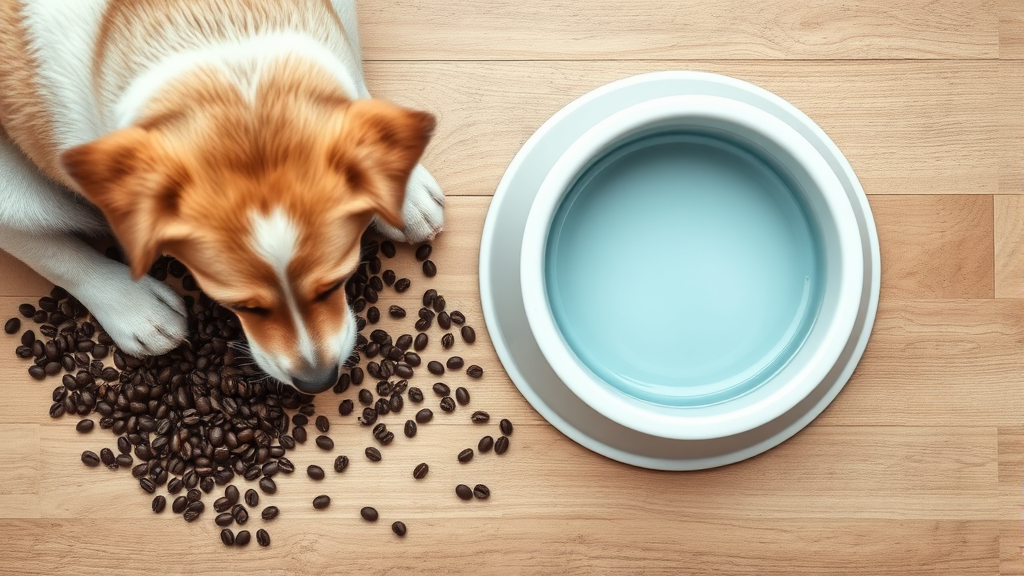 Dog water bowl next to coffee beans scattered on wooden floor, contrast between safe and dangerous items, no text no words no letters